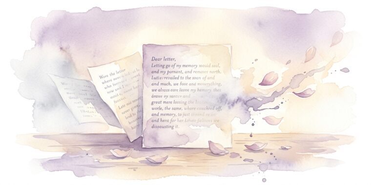 Letter in a dream with words gently fading at the edges into mist as soft petals drift across the warm surface below