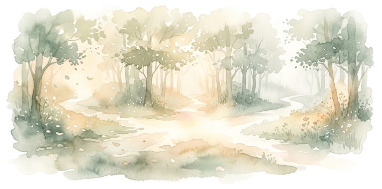 Forest crossroads in a dream with three soft paths branching outward into haze and a warm glow at the meeting point