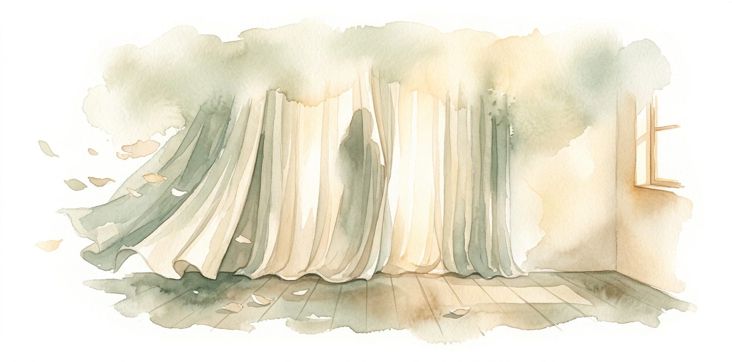 Soft curtain in a dream drawn halfway across a warm room with a gentle silhouette behind it and petals drifting on the floor