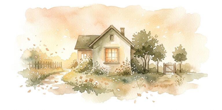 Small house in a dream seen from outside with a warm-lit window and a garden path winding through wildflowers to the gate