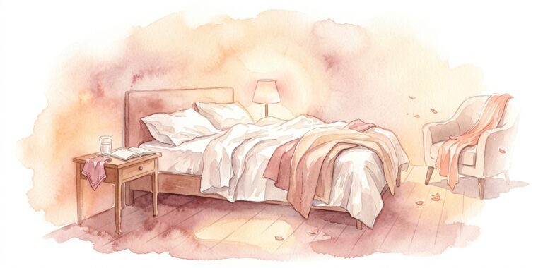 Soft bed in a dream with crumpled linens and a bedside lamp casting a warm evening glow beside an open book and a glass of water