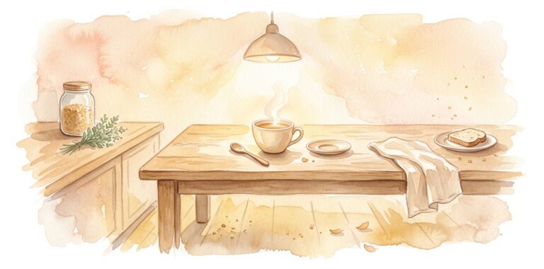 Wooden kitchen table in a dream with a steaming cup of tea, a wooden spoon, a jar of grain and herbs in warm lamp light