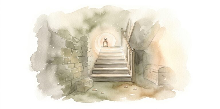 Wooden staircase in a dream descending into a soft glow with a lantern at the top and an old chest visible below