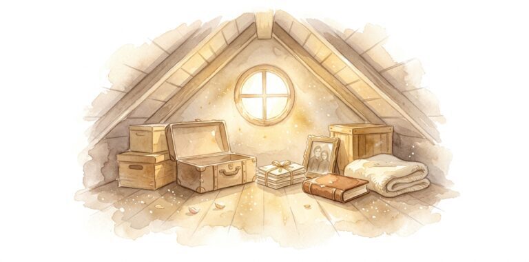 Attic in a dream with a small round window letting in golden light over old boxes, an open trunk and letters tied with ribbon