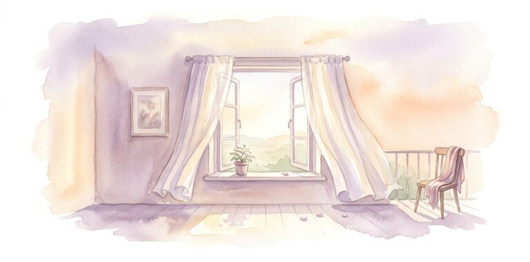 Ventana abierta en un sueño con cortinas que se mueven con la brisa y una vista de un paisaje lejano con una planta en el alféizar