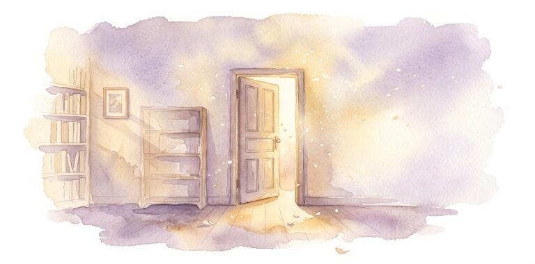 Hidden door in a dream slightly ajar in a wall with warm golden light pouring through and shelves of books on either side