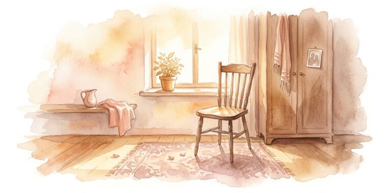 Old wooden chair in a dream by a sunlit window with a potted plant on the sill and a faded rug on the warm floor below