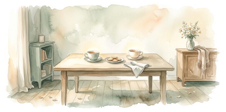 Welcoming dining table in a dream with two cups of tea and biscuits beside a bookshelf with curtains and wildflowers