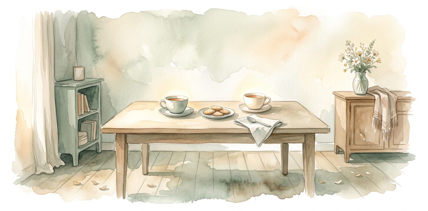 Welcoming dining table in a dream with two cups of tea and biscuits beside a bookshelf with curtains and wildflowers