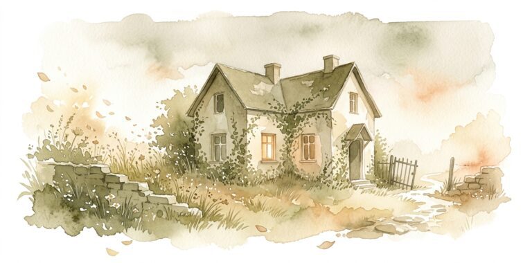 Old empty house in a dream seen from a distance with vines on the walls and a warm glow in one window amid overgrown garden