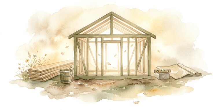 Estructura de madera de una casa en un sueño en construcción con luz cálida entrando y tablas apiladas y herramientas cerca