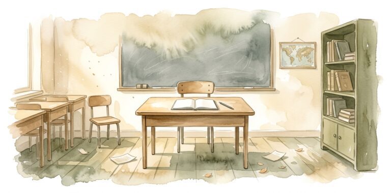 Empty school desk in a dream with an open notebook and a pencil before a soft chalkboard in a quiet classroom