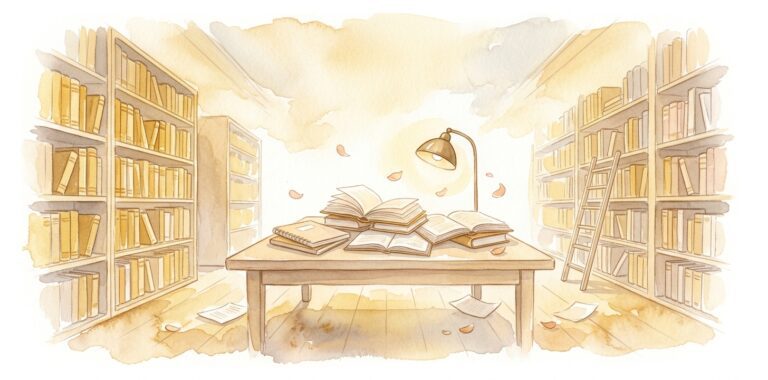 Library table in a dream with a stack of open books under a warm reading lamp beside towering bookshelves with golden spines