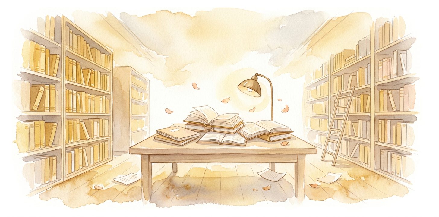 Library table in a dream with a stack of open books under a warm reading lamp beside towering bookshelves with golden spines