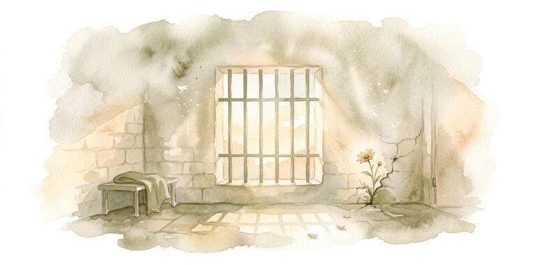 Barred window in a dream with warm light filtering through and a wildflower growing from a crack in the stone wall below an open sky