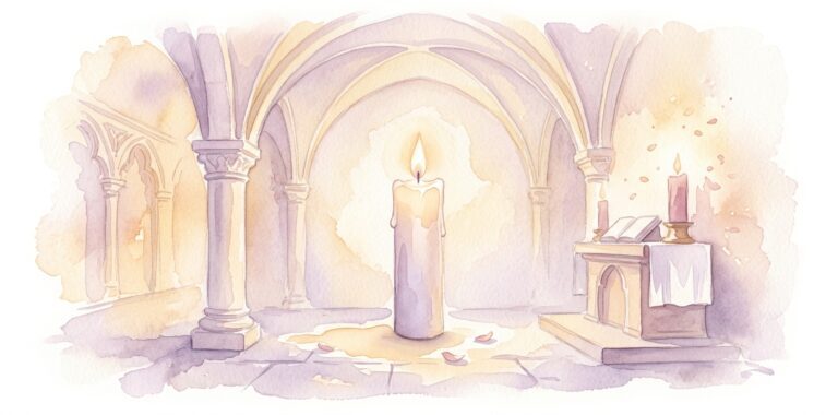 Tall candle burning in a dream within a stone temple with arched columns, high vaulted ceiling and a small altar with folded white cloth nearby