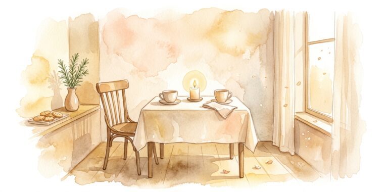 Small café table in a dream set for two with cups and a candle beside a wooden chair, a ceramic vase and sheer curtains in warm afternoon light