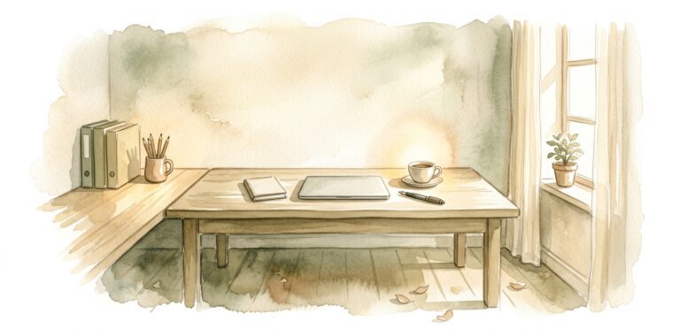 Neat wooden desk in a dream with a closed laptop, a notebook, a cup of coffee and a fountain pen beside a window with a potted plant on the sill