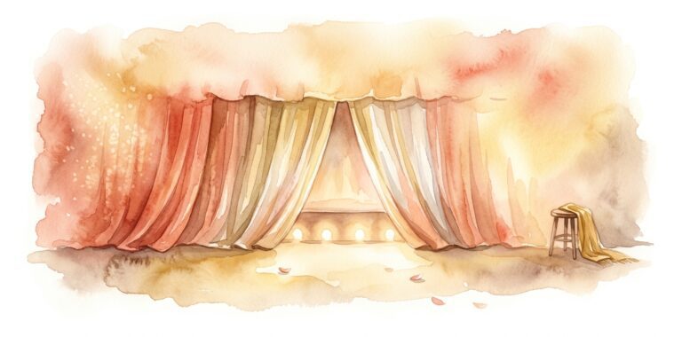 Velvet stage curtain in a dream drawn back with warm footlights below and a wooden stool beside a silk shawl on a softly lit stage floor