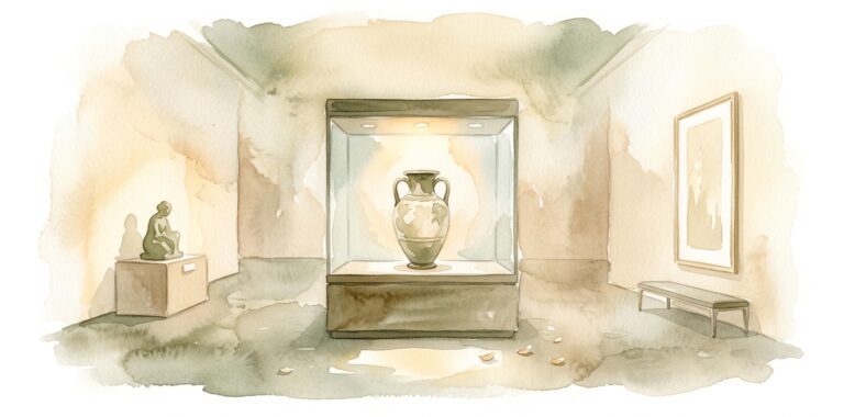 Vitrina de museo en un sueño con un jarrón antiguo dentro y una escultura iluminada sobre un pedestal bajo en el suelo tranquilo de la galería