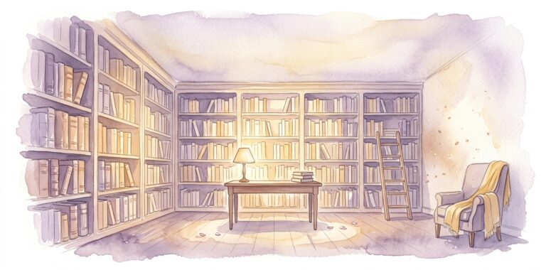 Tall library bookshelf in a dream with golden light between spines and a small reading lamp on a wooden desk below old leather-bound volumes