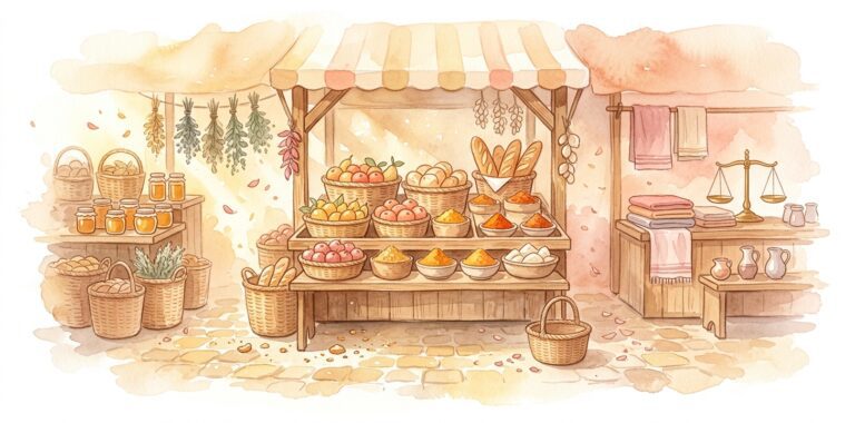 Wooden market stall in a dream with baskets of fresh fruit and bread beside woven baskets of honey jars, herbs and folded cloth in warm light