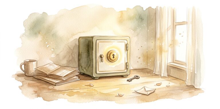 Antique safe in a dream with a brass lock and a small key on a wooden surface beside folded ledgers and a tall window with sheer curtains
