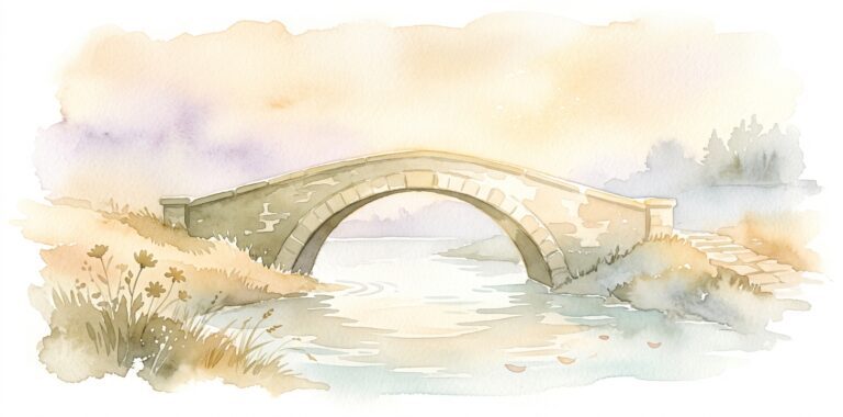 Puente de piedra en un sueño arqueado sobre un río tranquilo con flores silvestres a la orilla cercana y niebla suave sobre la orilla lejana