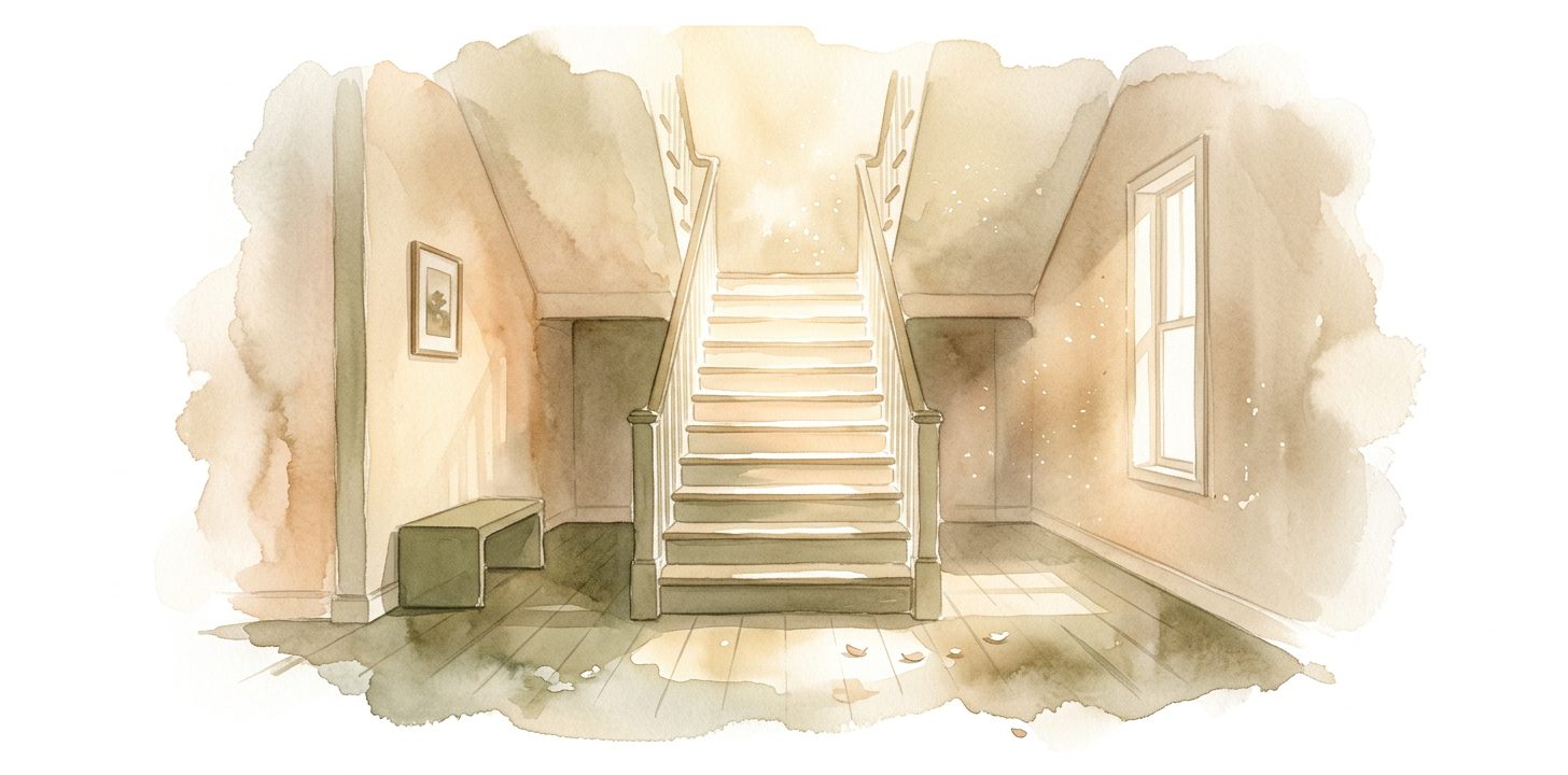 Wooden staircase in a dream ascending into warm light with a small framed picture on the wall beside a low bench and a tall window nearby