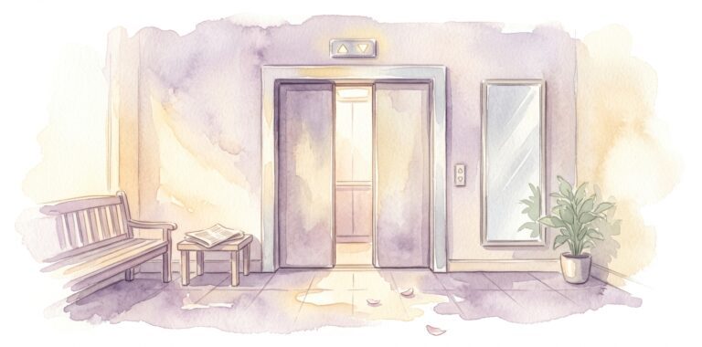 Vintage elevator doors in a dream opening onto warm light with a wooden bench and low side table in a soft lobby beside a tall mirror