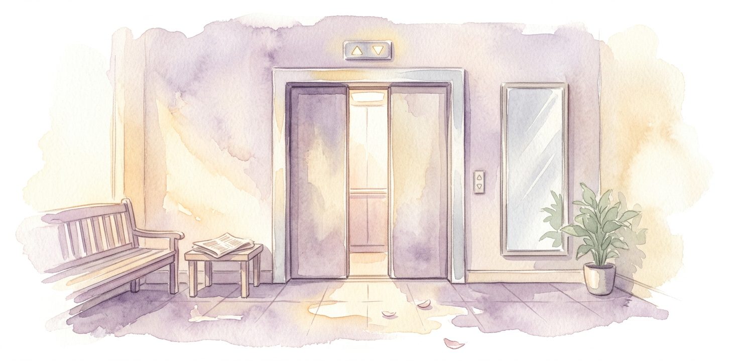 Vintage elevator doors in a dream opening onto warm light with a wooden bench and low side table in a soft lobby beside a tall mirror