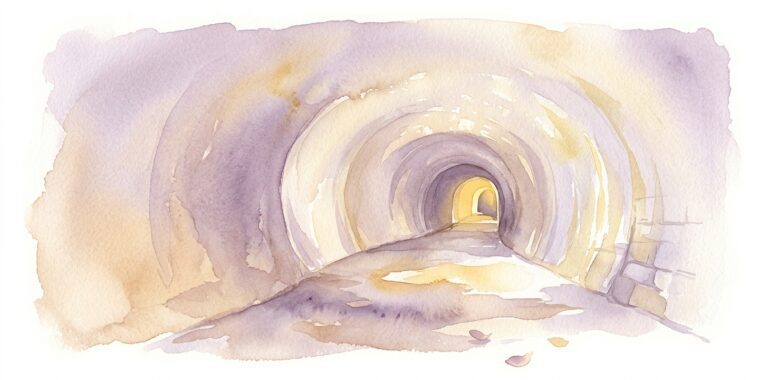 Long curved tunnel in a dream with soft lavender walls leading toward a small warm golden light glowing at the far end of the passage