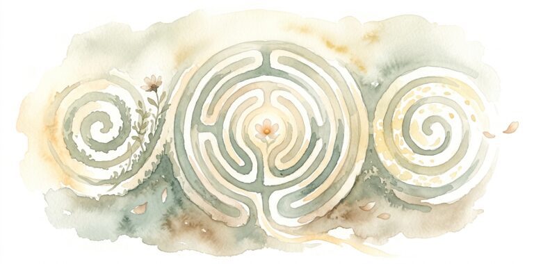 Circular maze in a dream seen from above with soft curved hedge paths leading to a small glowing flower at the quiet center among wildflowers