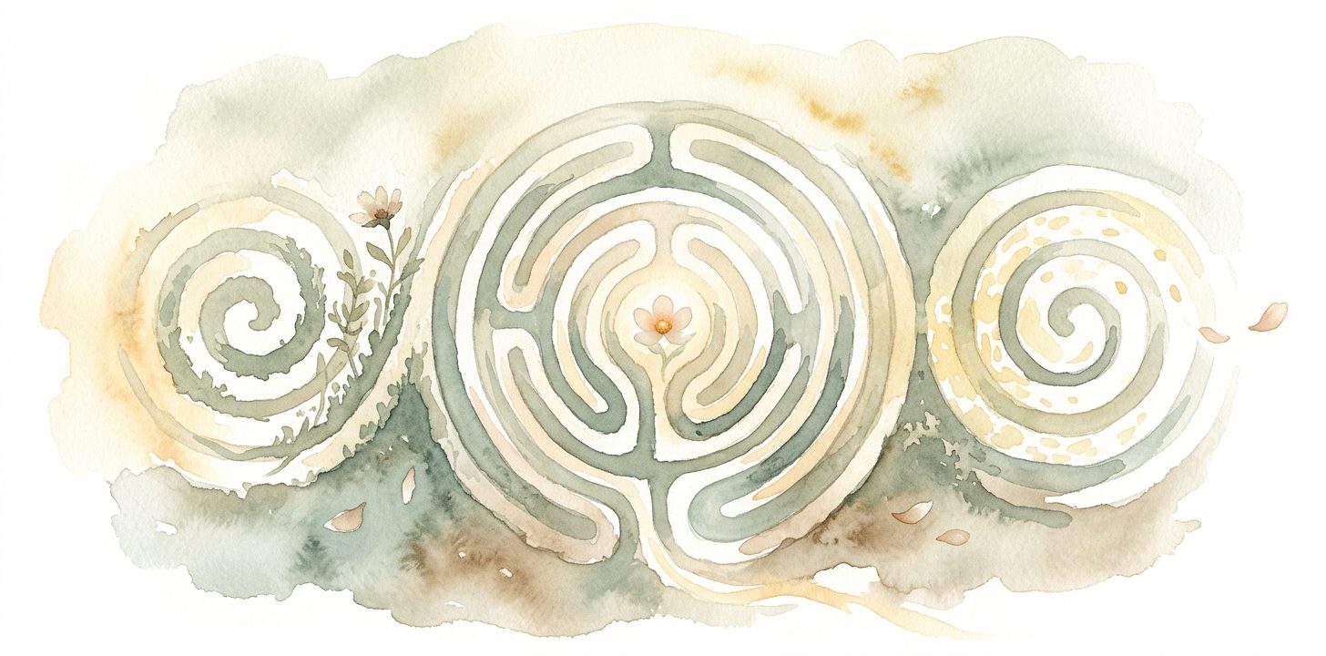 Circular maze in a dream seen from above with soft curved hedge paths leading to a small glowing flower at the quiet center among wildflowers