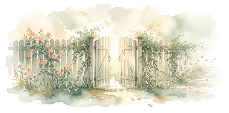Garden gate in a dream slightly open with warm light spilling through and climbing rose vines on a wooden fence on either side