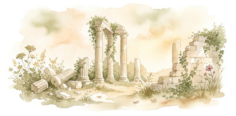 Columna en ruinas en un sueño cubierta de hiedra junto a piedras caídas y flores silvestres en luz cálida de tarde con un muro parcial al fondo