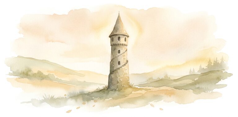 Tall stone tower in a dream rising from rolling hills in morning mist with a warm golden glow at the cone roof under a creamy peach sky