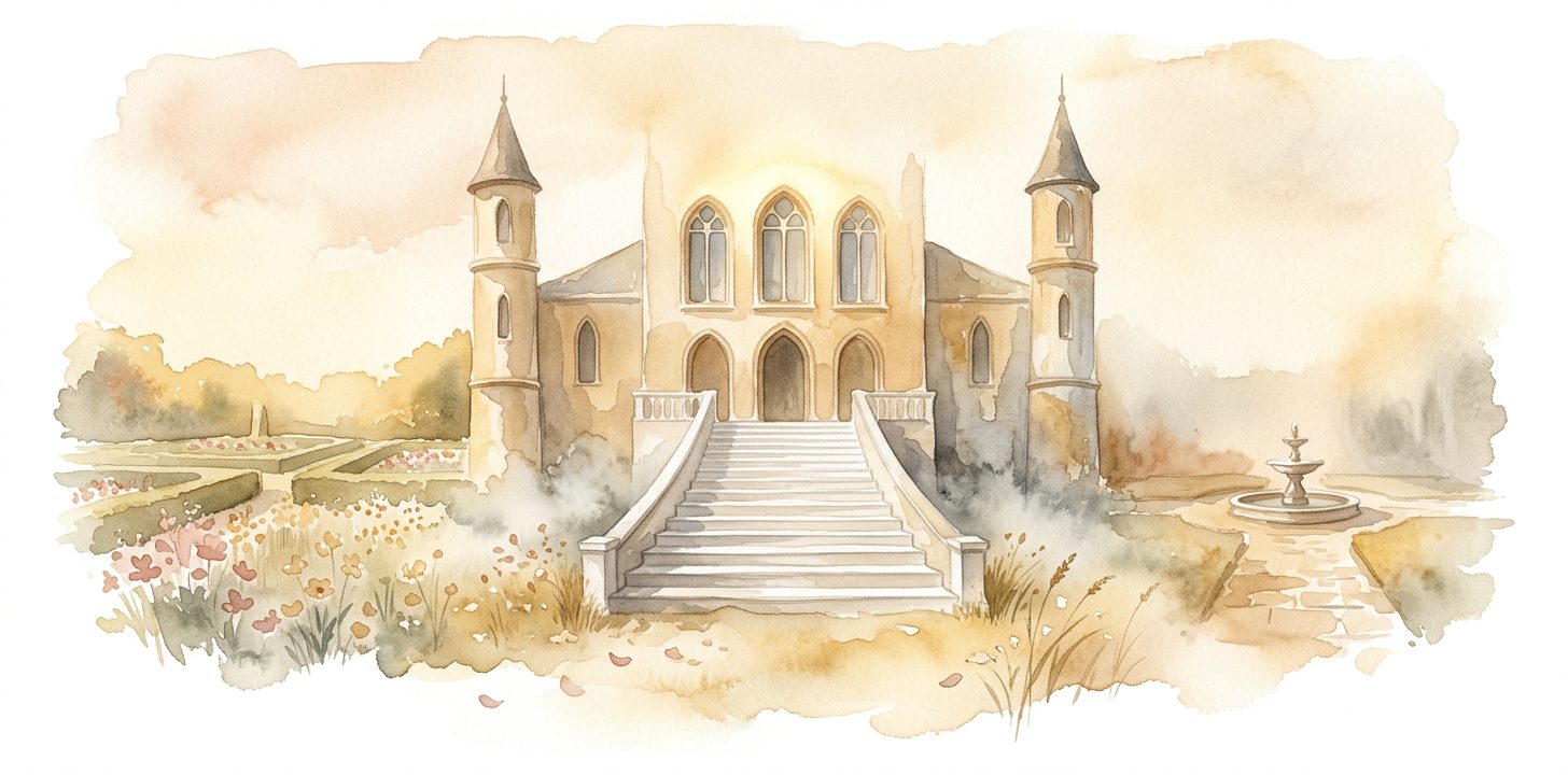 Palace in a dream with arched windows and a marble staircase beside a formal garden with low hedges and wildflowers and a courtyard fountain