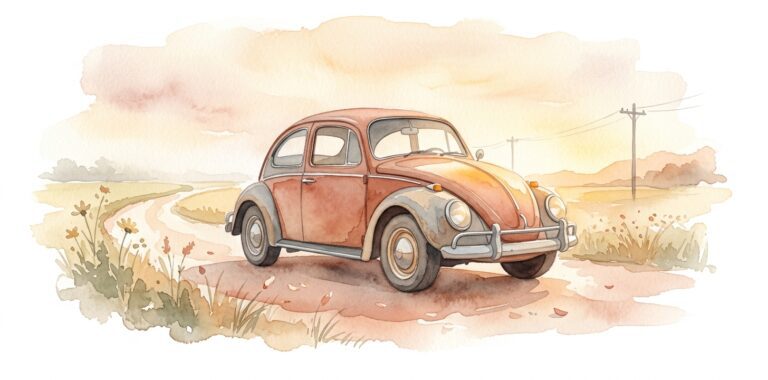 Vintage rounded car in a dream on an open road through pale ochre fields with wildflowers and soft distant hills in morning light
