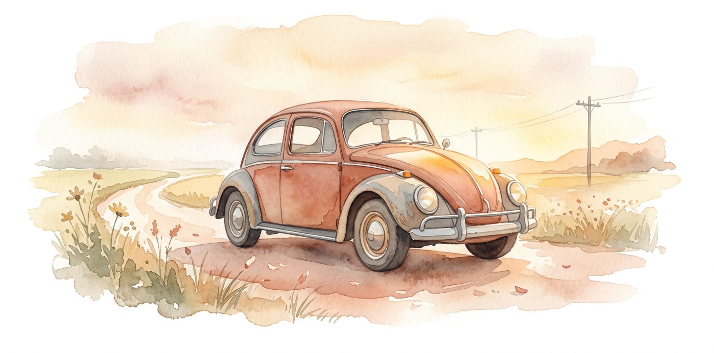 Vintage rounded car in a dream on an open road through pale ochre fields with wildflowers and soft distant hills in morning light