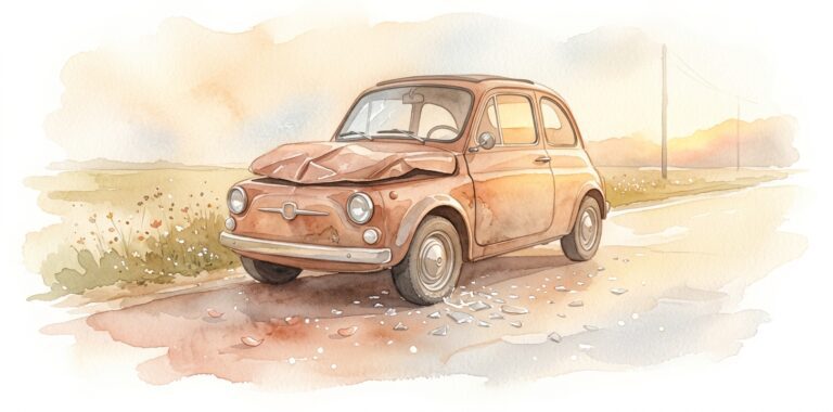 Vintage car in a dream with a gently crumpled hood resting on a road shoulder with soft glass shards and a small wildflower in warm afternoon light