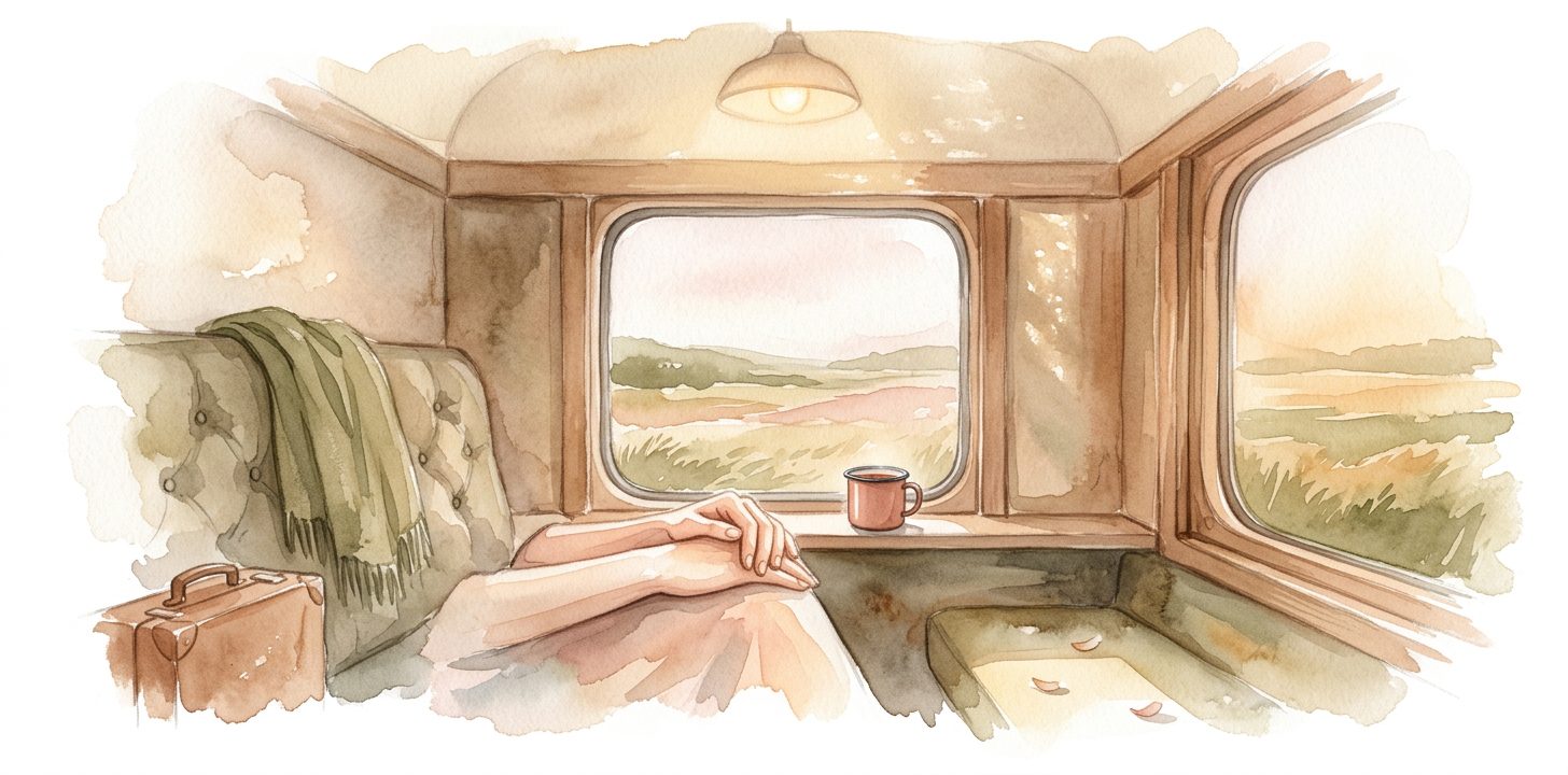 Train compartment in a dream with folded hands beside an enamel tea cup on the windowsill and soft fields drifting past in warm morning light