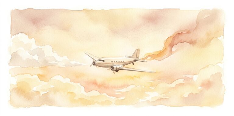 Avión vintage pequeño en un sueño que desciende suavemente por un cielo dorado pálido con una cinta de humo ámbar cálido desde un ala en luz de tarde