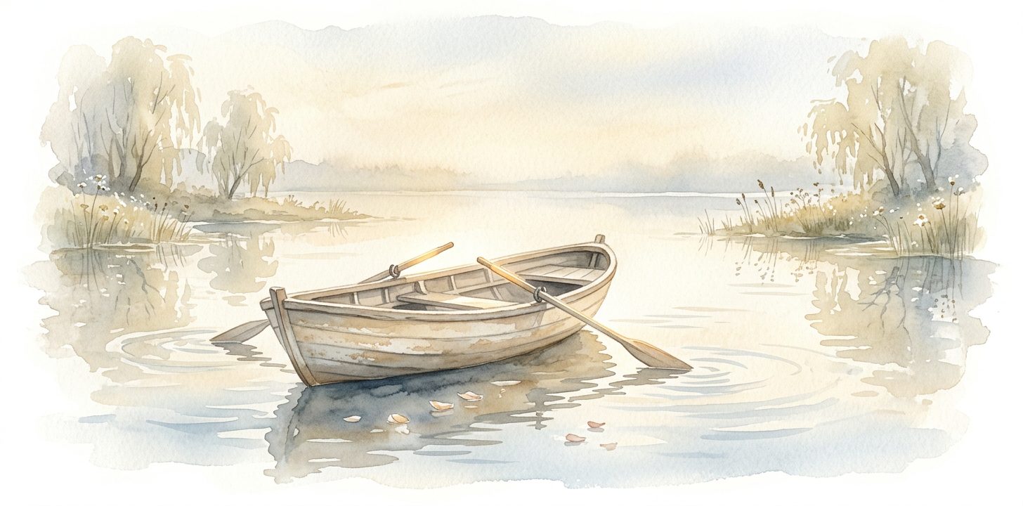 Pequeña barca de madera en un sueño sobre agua tranquila con reflejos de los remos y sauces lejanos en la calma superficie gris azulada