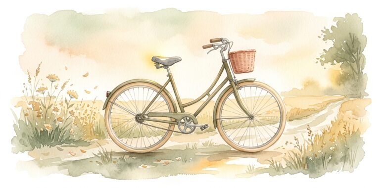 Bicicleta vintage en un sueño en un camino rural con una cesta de mimbre en el manillar junto a hierbas suaves y flores silvestres en luz cálida de tarde