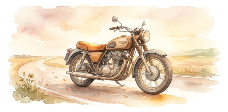 Vintage motorcycle in a dream on an open road in warm afternoon light with low sand fields and a small wildflower and distant pale hills beyond