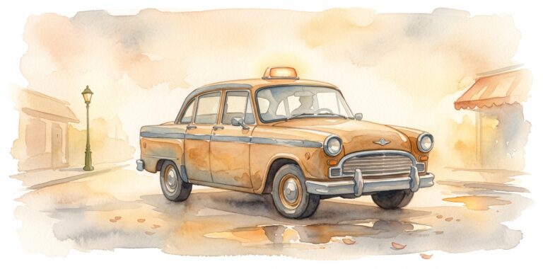 Taxi vintage de color ámbar miel en un sueño en una calle urbana con la silueta suave del conductor al volante y un farol y un charco cerca