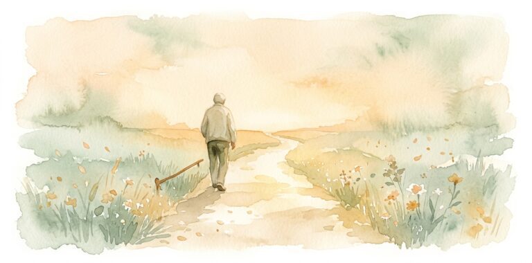 Quiet winding path in a dream through soft sage grass and wildflowers with a small solitary figure walking toward the warm golden horizon