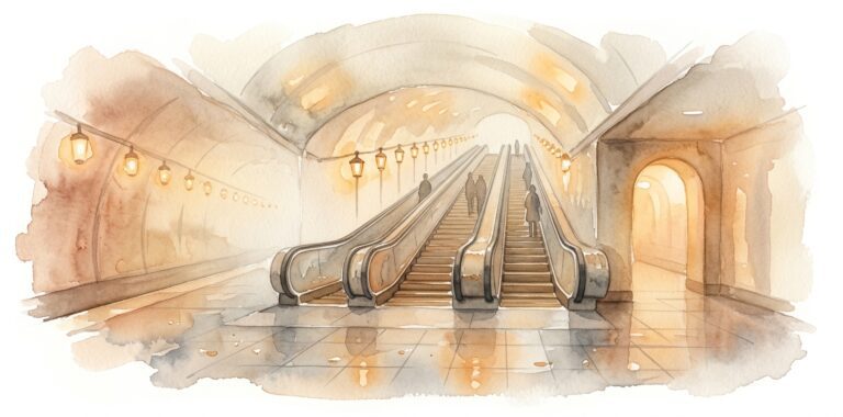 Escalera mecánica de metro en un sueño que desciende por el resplandor ámbar de las lámparas con siluetas tenues y la bóveda del túnel a ambos lados