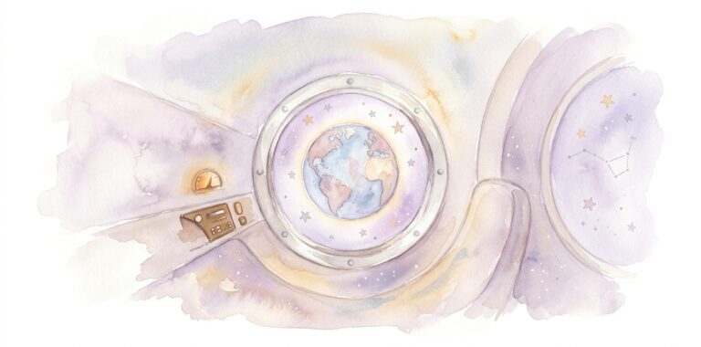 Ojo de buey de nave espacial en un sueño con el planeta Tierra en azul pálido y rosa polvorienta entre estrellas pastel
